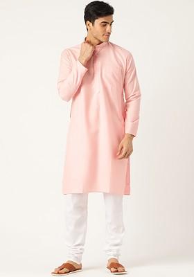 Pink Solid Poly Blend Kurta Set For Men