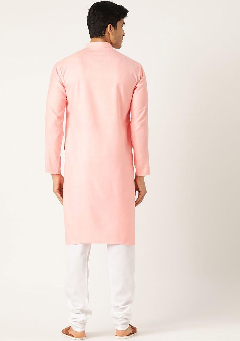 Pink Solid Poly Blend Kurta Set For Men