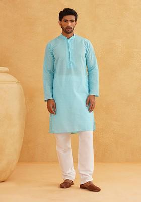 Turquoise Blue Embroidered Poly Blend Kurta Set For Men