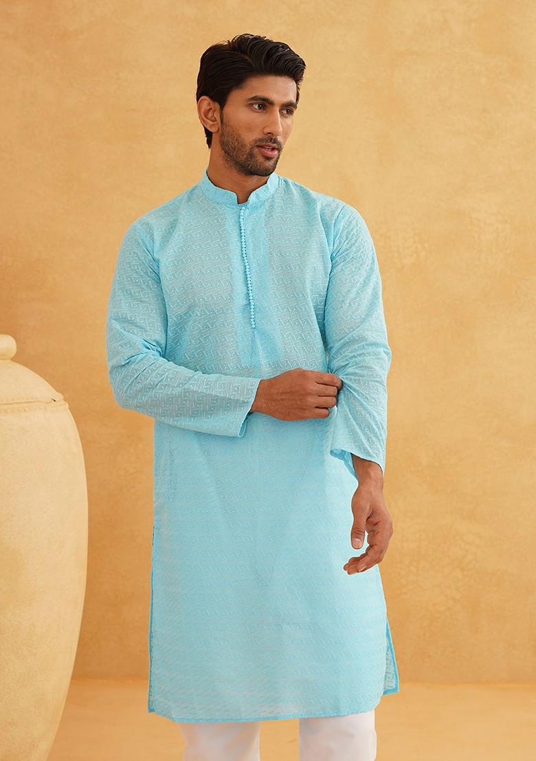 Turquoise Blue Embroidered Poly Blend Kurta Set For Men