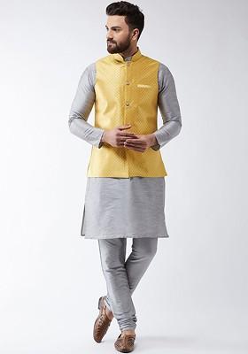 Grey Solid Poly Blend Kurta Set For Men