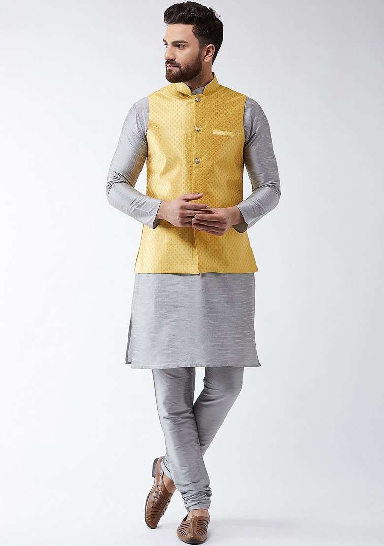 Grey Solid Poly Blend Kurta Set For Men - Indya
