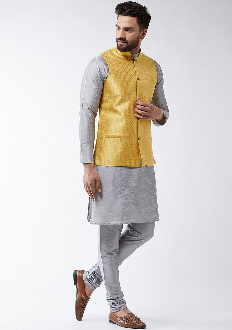 Grey Solid Poly Blend Kurta Set For Men