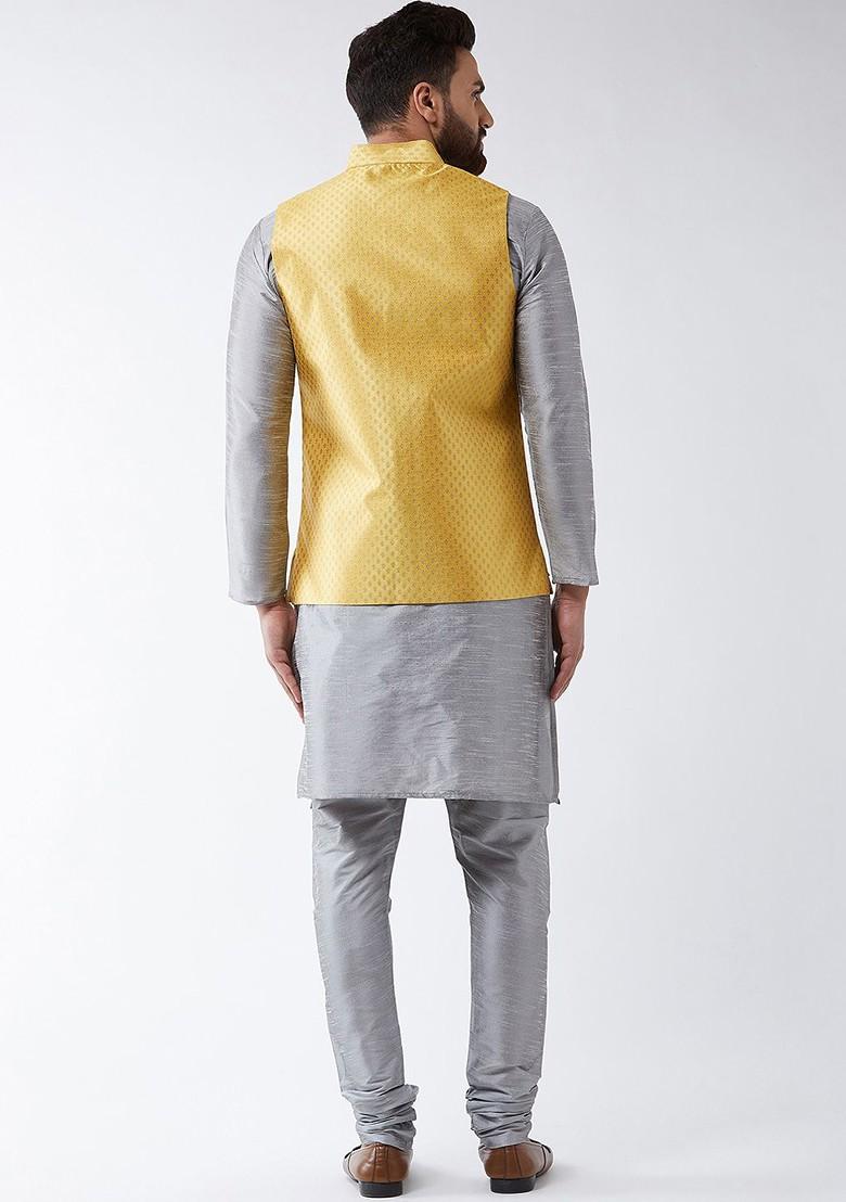 Grey Solid Poly Blend Kurta Set For Men