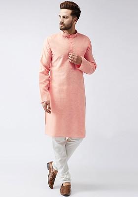 Orange Solid Poly Blend Kurta Set For Men