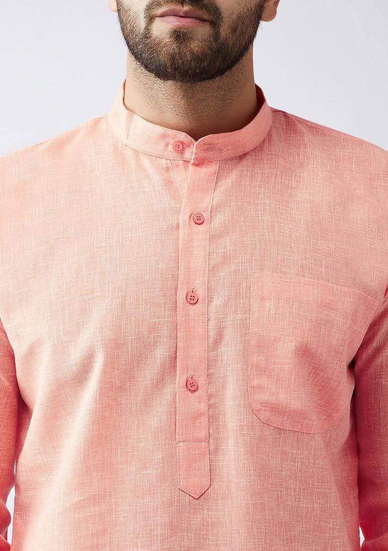 Orange Solid Poly Blend Kurta Set For Men