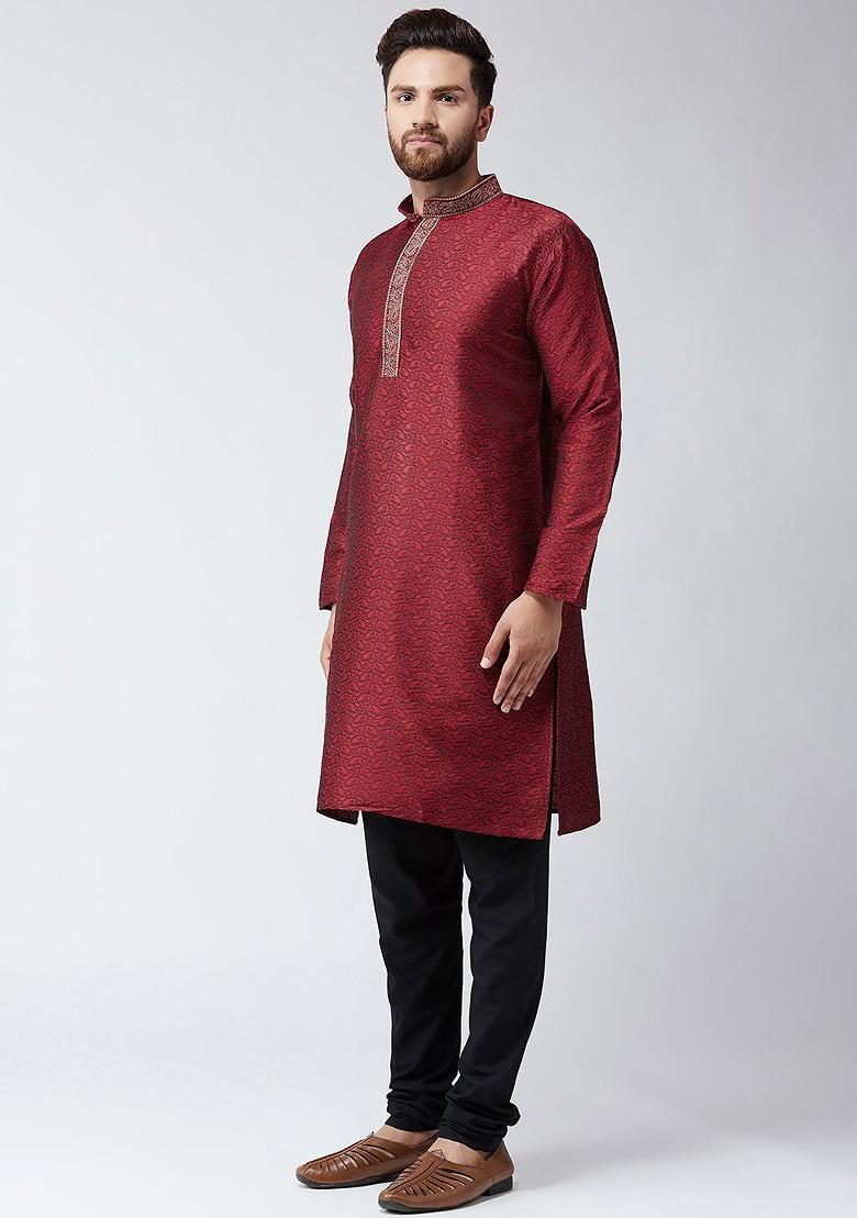 Maroon Solid Poly Blend Kurta Set For Men