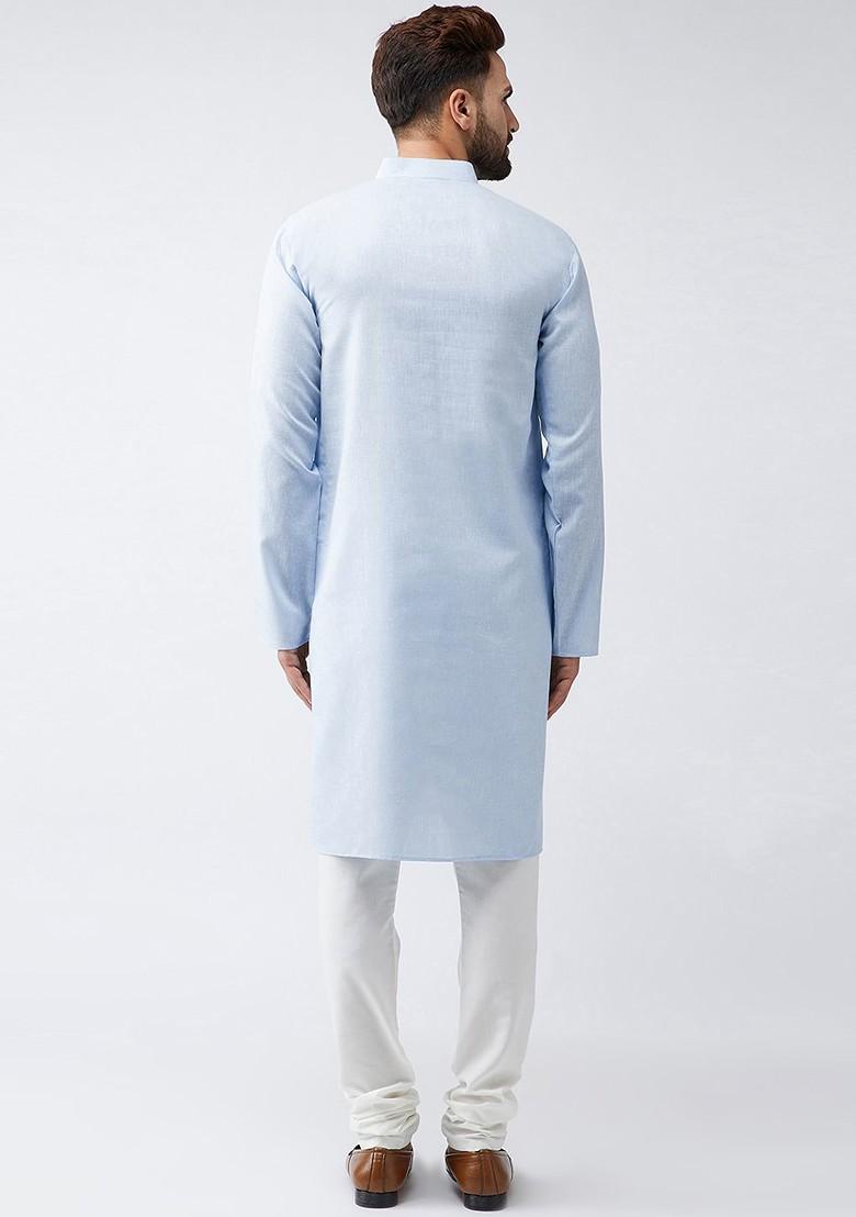 Blue Solid Poly Blend Kurta Set For Men