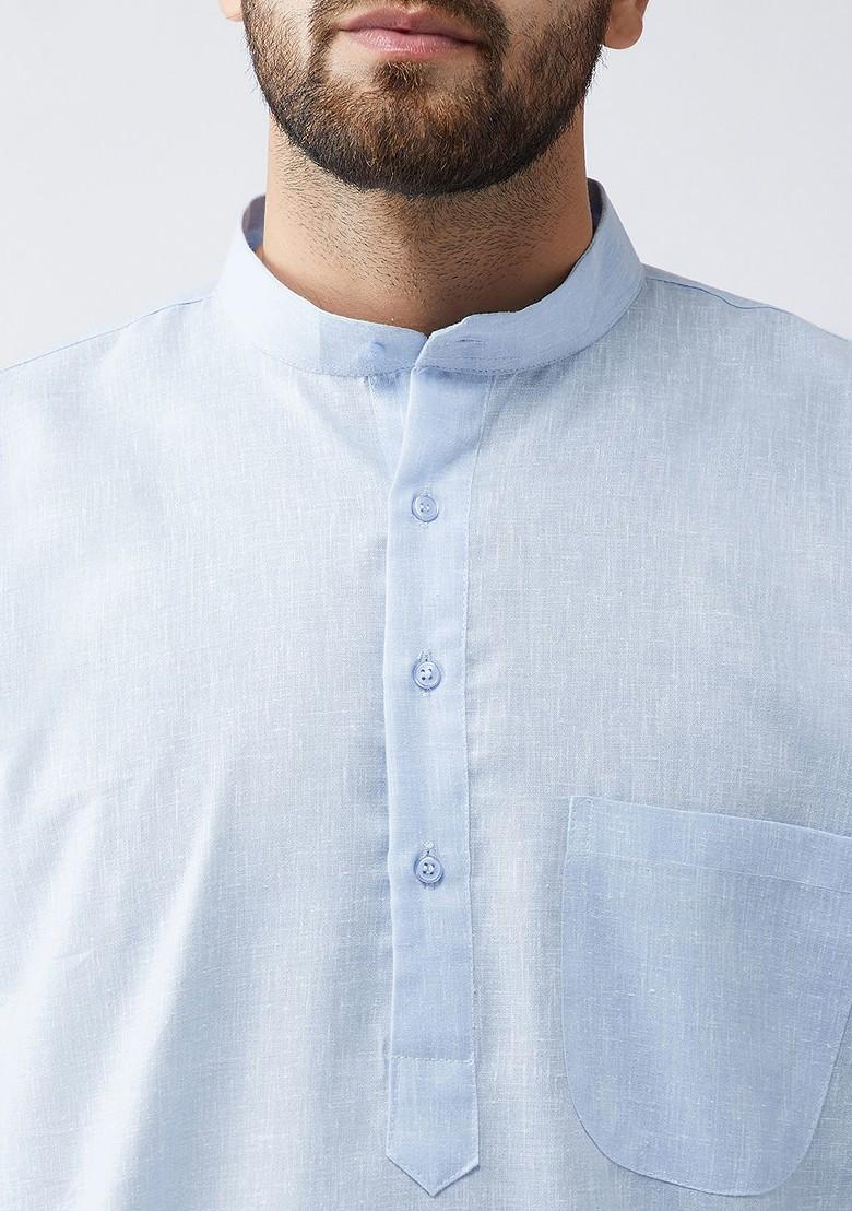 Blue Solid Poly Blend Kurta Set For Men