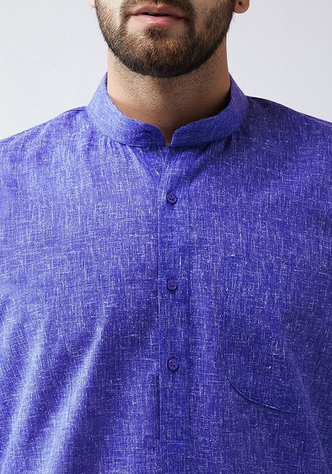 Blue Solid Poly Blend Kurta Set For Men