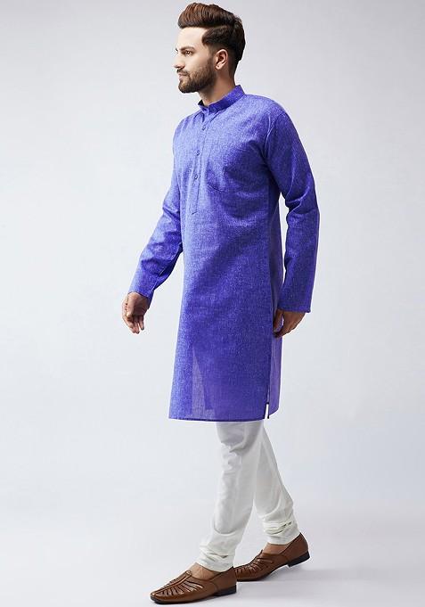 Blue Solid Poly Blend Kurta Set For Men