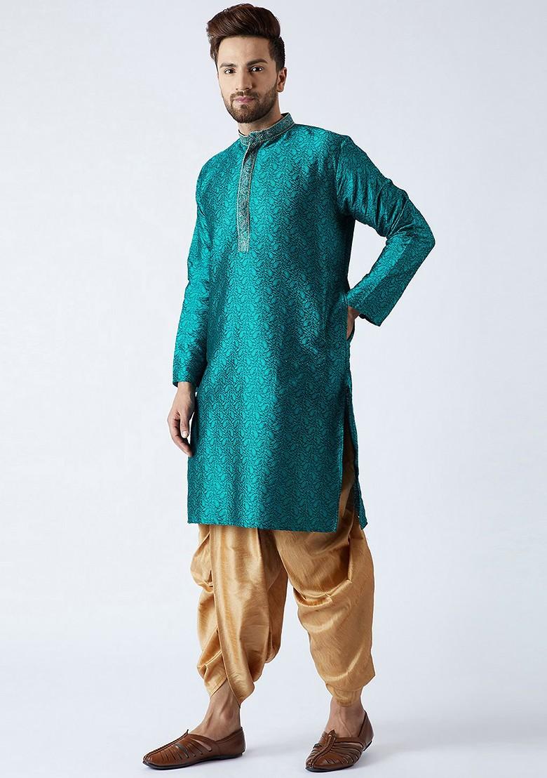 Teal Blue Solid Poly Blend Kurta Set For Men