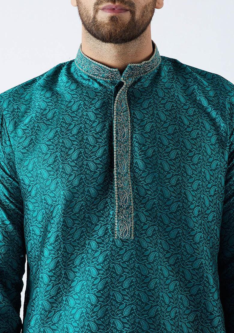 Teal Blue Solid Poly Blend Kurta Set For Men
