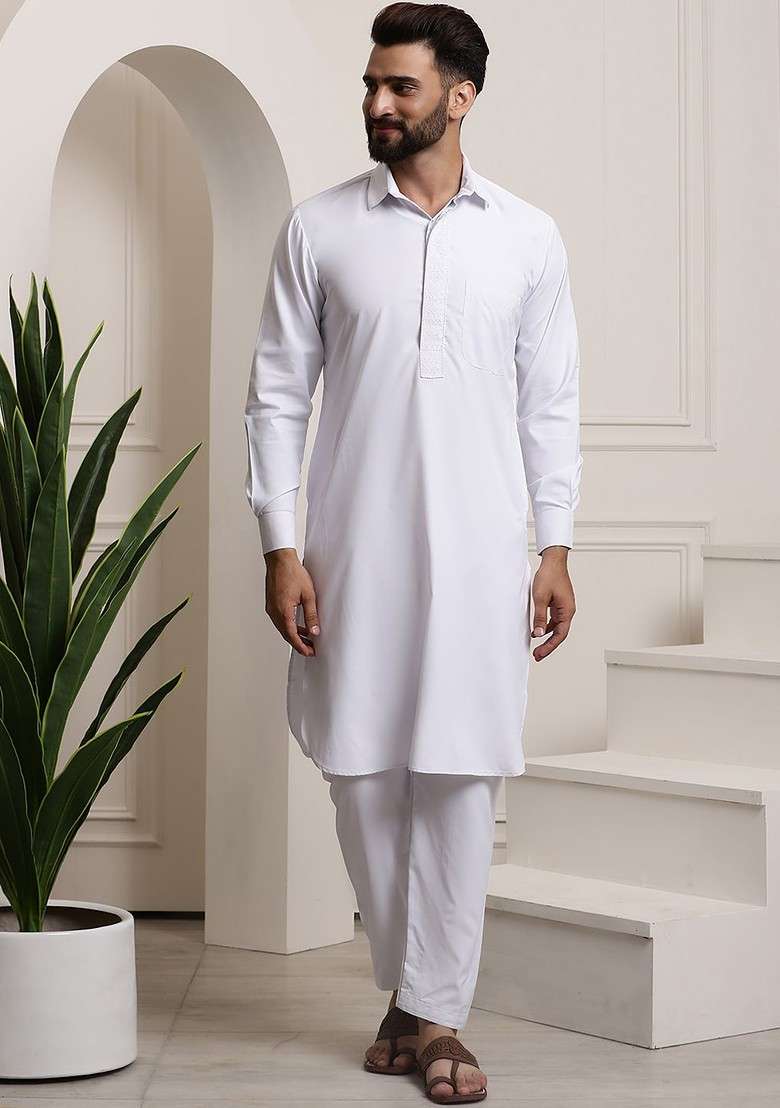 White Thread Work Cotton Kurta Set For Men - Indya