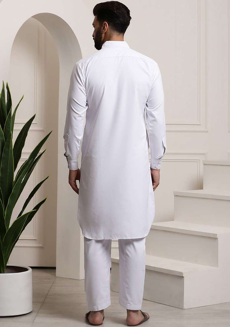 White Thread Work Cotton Kurta Set For Men - Indya