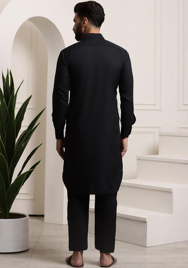 Black Thread Work Cotton Kurta Set For Men
