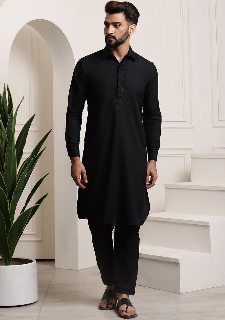 Black Thread Work Cotton Kurta Set For Men