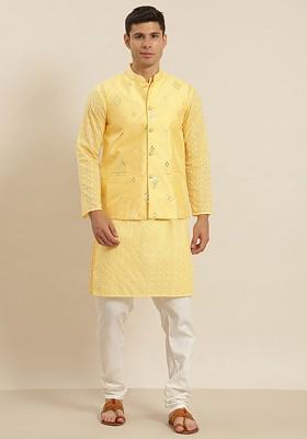 Yellow Embroidered Cotton Kurta Set For Men