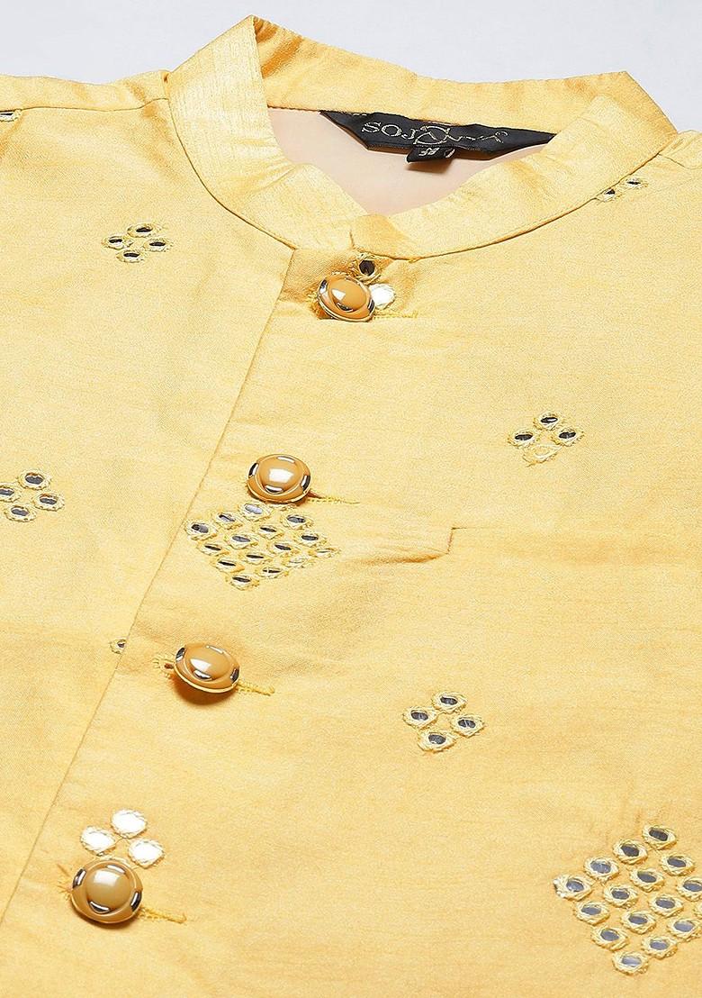 Yellow Embroidered Cotton Kurta Set For Men