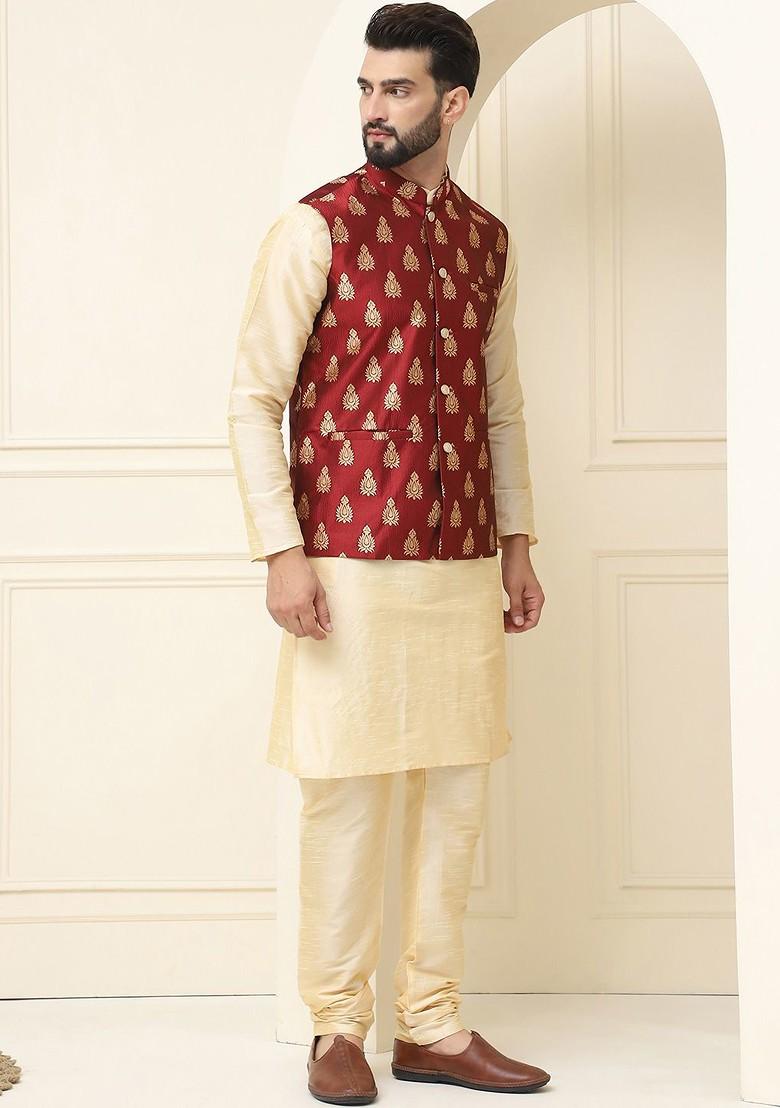 Gold Solid Poly Blend Kurta Set For Men