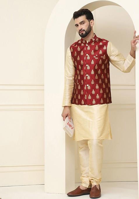 Gold Solid Poly Blend Kurta Set For Men