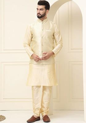 Cream Woven Cotton Kurta Set For Men