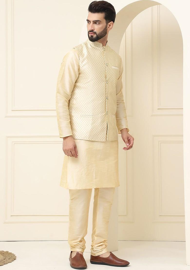 Cream Woven Cotton Kurta Set For Men