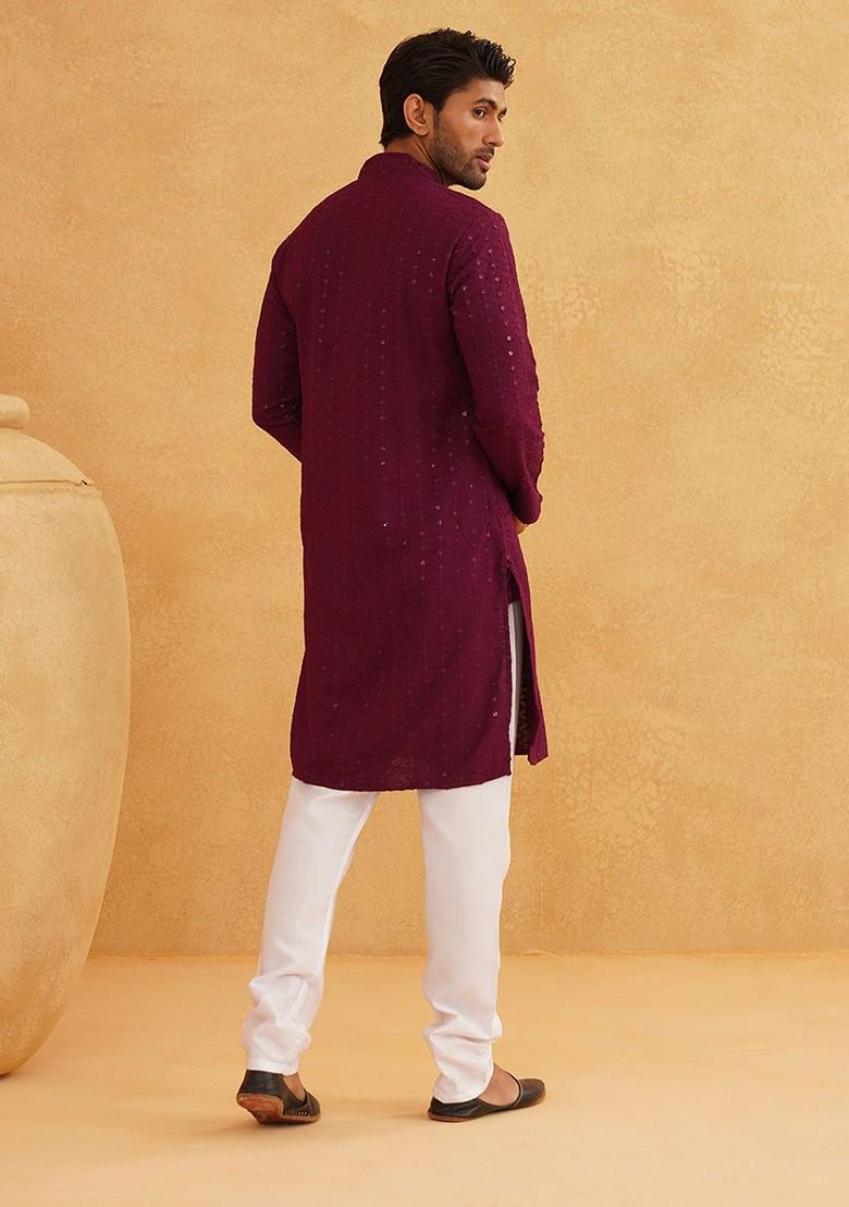 Burgundy Embroidered Cotton Kurta Set For Men