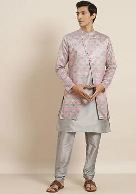 Grey Solid Poly Blend Kurta Set For Men