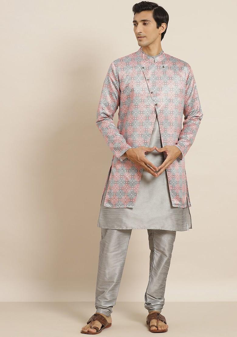 Grey Solid Poly Blend Kurta Set For Men