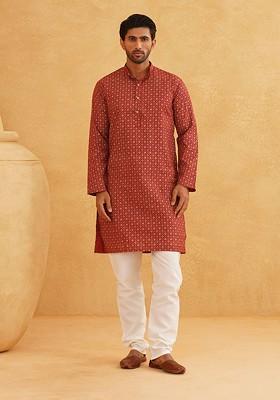 Maroon Ethnic Motifs Poly Blend Kurta Set For Men