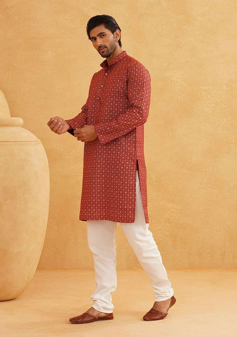 Maroon Ethnic Motifs Poly Blend Kurta Set For Men - Indya