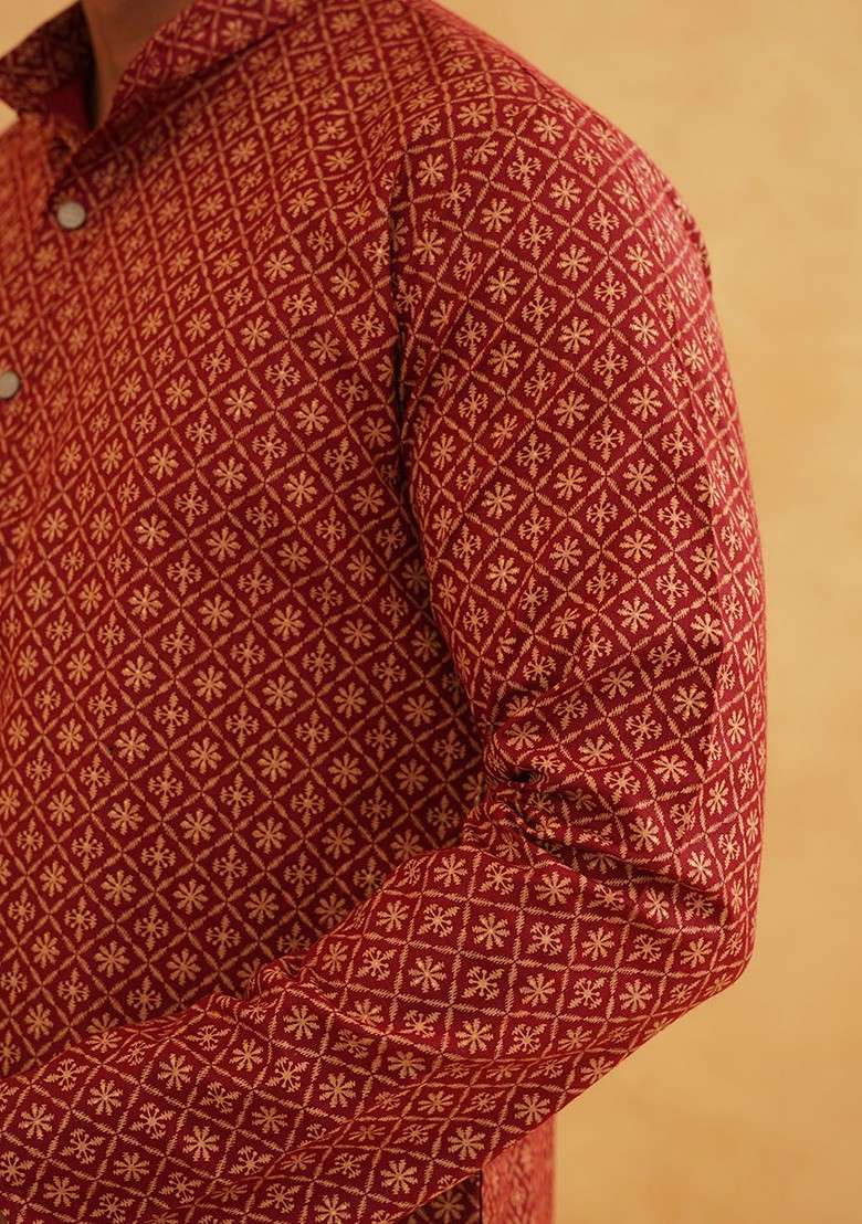 Maroon Ethnic Motifs Poly Blend Kurta Set For Men - Indya