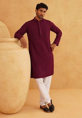 Purple Embroidered Cotton Kurta Set For Men