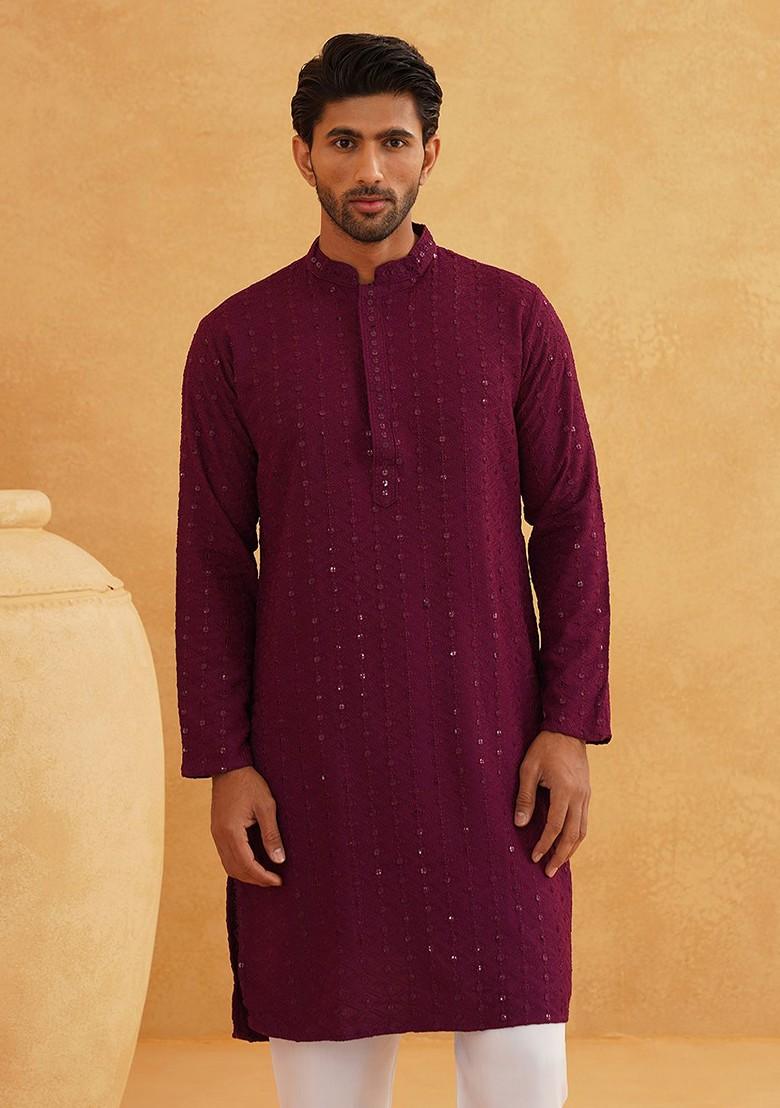 Purple Embroidered Cotton Kurta Set For Men