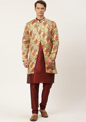 Mustard Ethnic Motifs Poly Blend Kurta Set For Men