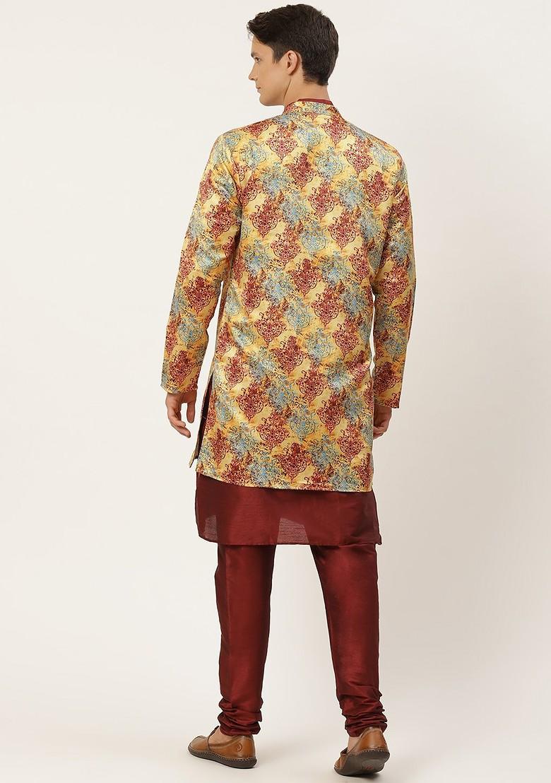 Mustard Ethnic Motifs Poly Blend Kurta Set For Men