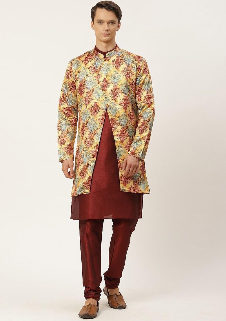 Mustard Ethnic Motifs Poly Blend Kurta Set For Men