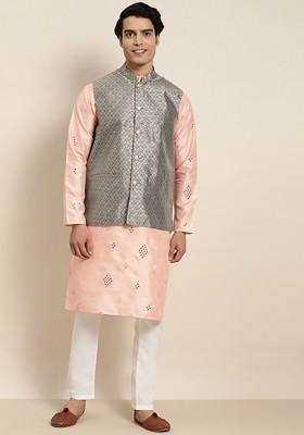 Peach Mirror Work Poly Blend Kurta Set For Men