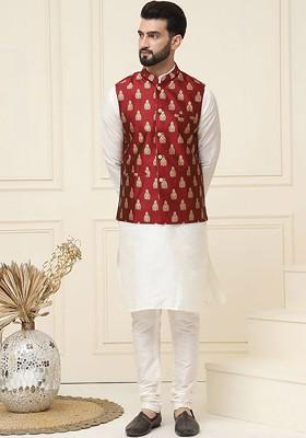 Cream Solid Cotton Kurta Set For Men