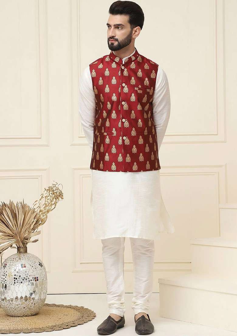Cream Solid Cotton Kurta Set For Men - Indya