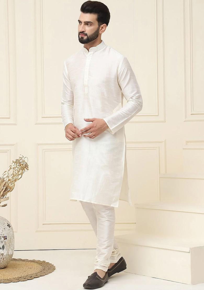 Cream Solid Cotton Kurta Set For Men