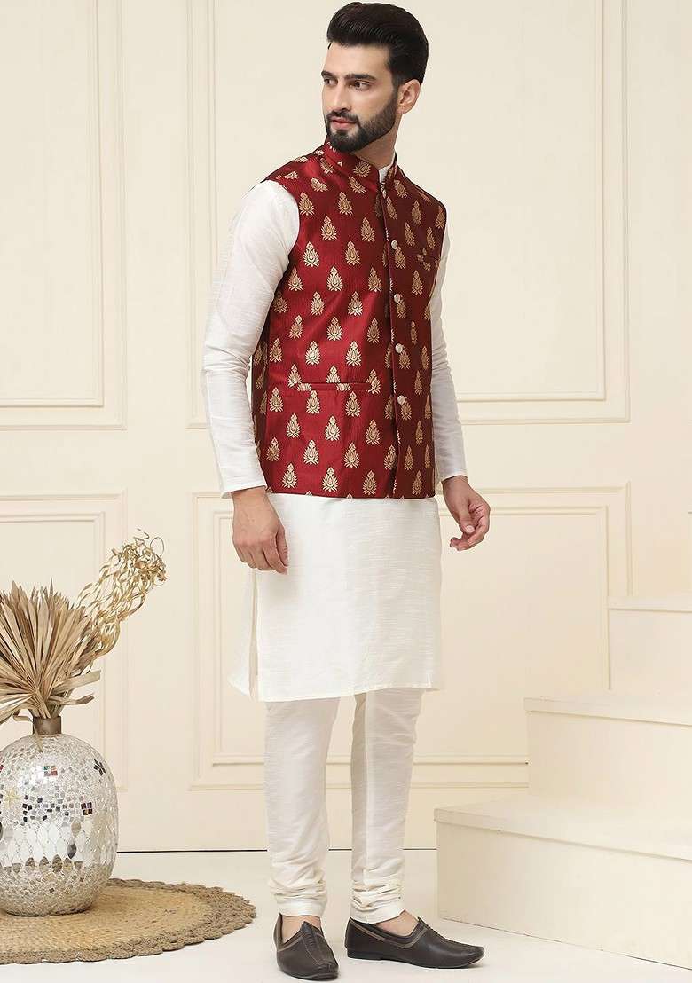 Cream Solid Cotton Kurta Set For Men - Indya