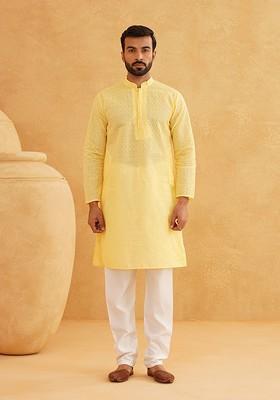 Yellow Thread Work Cotton Kurta Set For Men