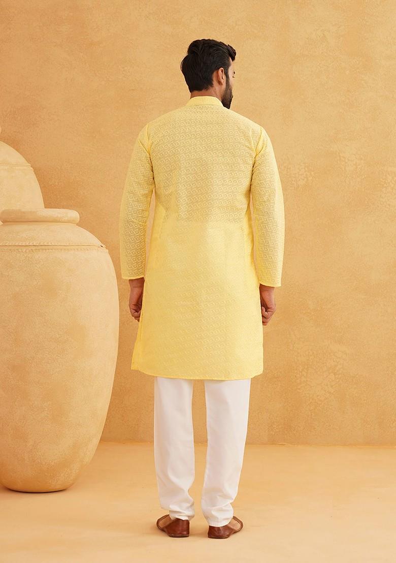 Yellow Thread Work Cotton Kurta Set For Men