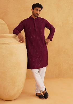 Purple Embroidered Cotton Kurta Set For Men