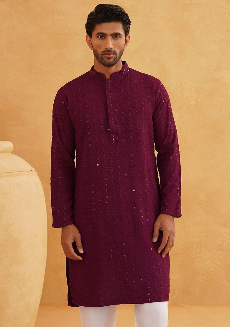 Purple Embroidered Cotton Kurta Set For Men
