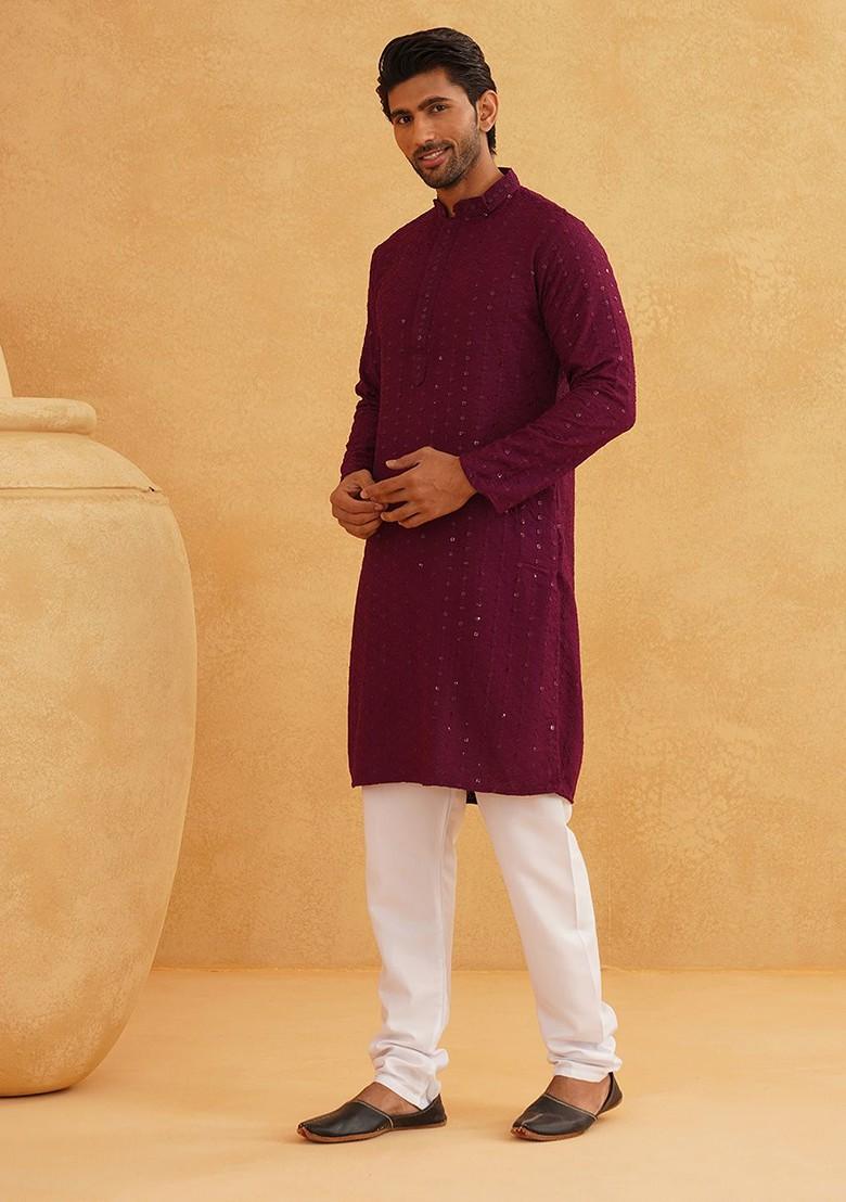 Purple Embroidered Cotton Kurta Set For Men