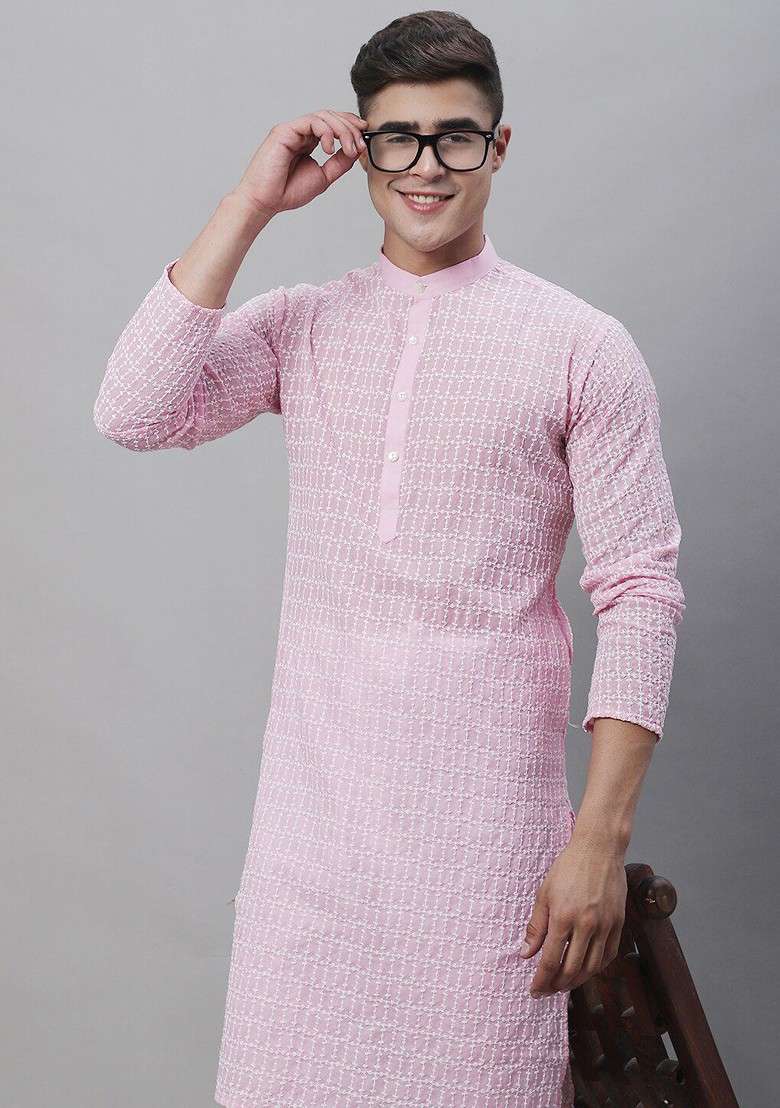 Pink Thread Work Cotton Kurta Set For Men - Indya