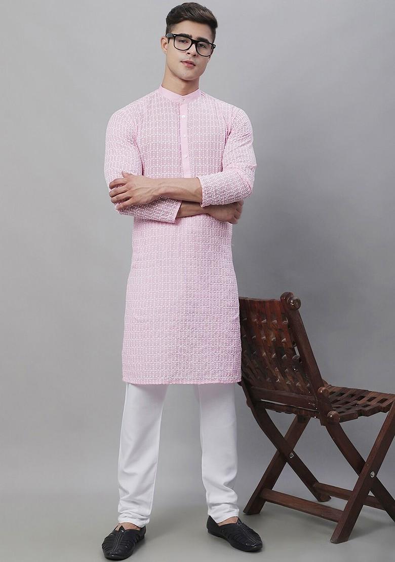 Pink Thread Work Cotton Kurta Set For Men